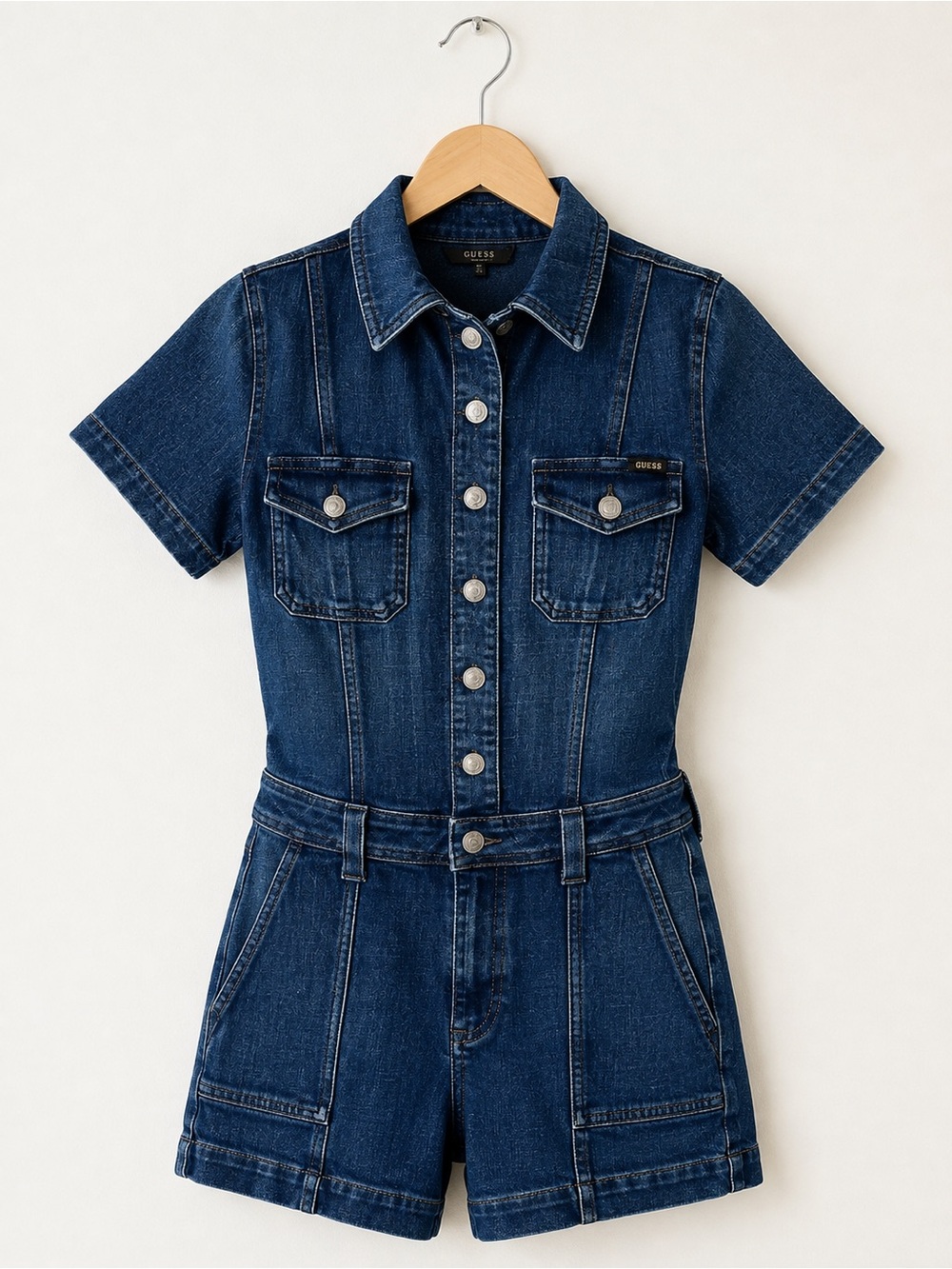 GUESS Lara Dark Wash Denim Romper Jumpsuit Shorts Button Front Size S - Picture 6 of 14